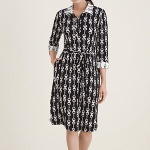 CHICO’S Bit & Bridle sz0(4-6) JERSEY DRESS Pockets WaistTie EASY-CARE 3/4Slv EUC